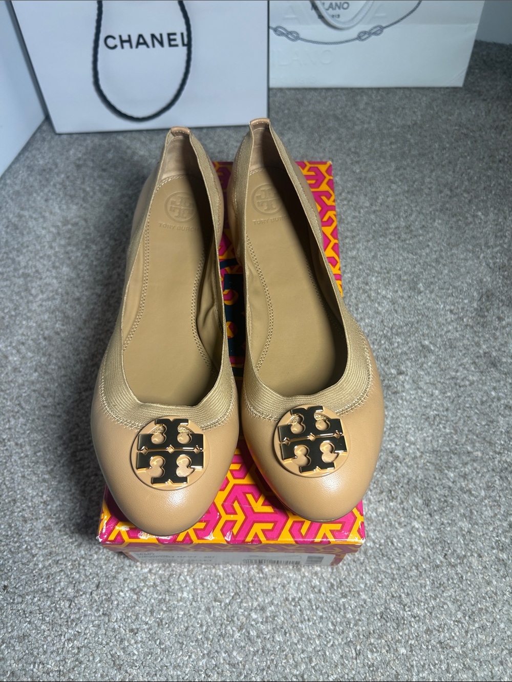 Tory Burch Tan Leather Logo Ballet Flats